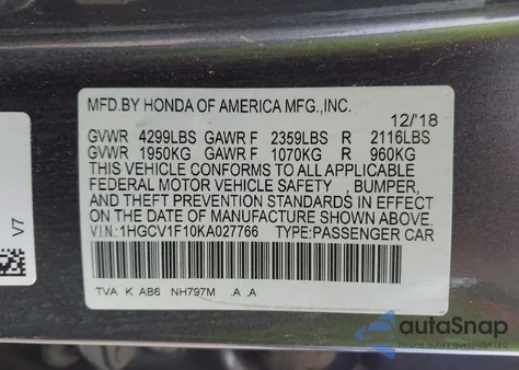 2019 Honda Accord Lx z USA, uszkodzony, nr VIN 1HGCV1F10KA027766